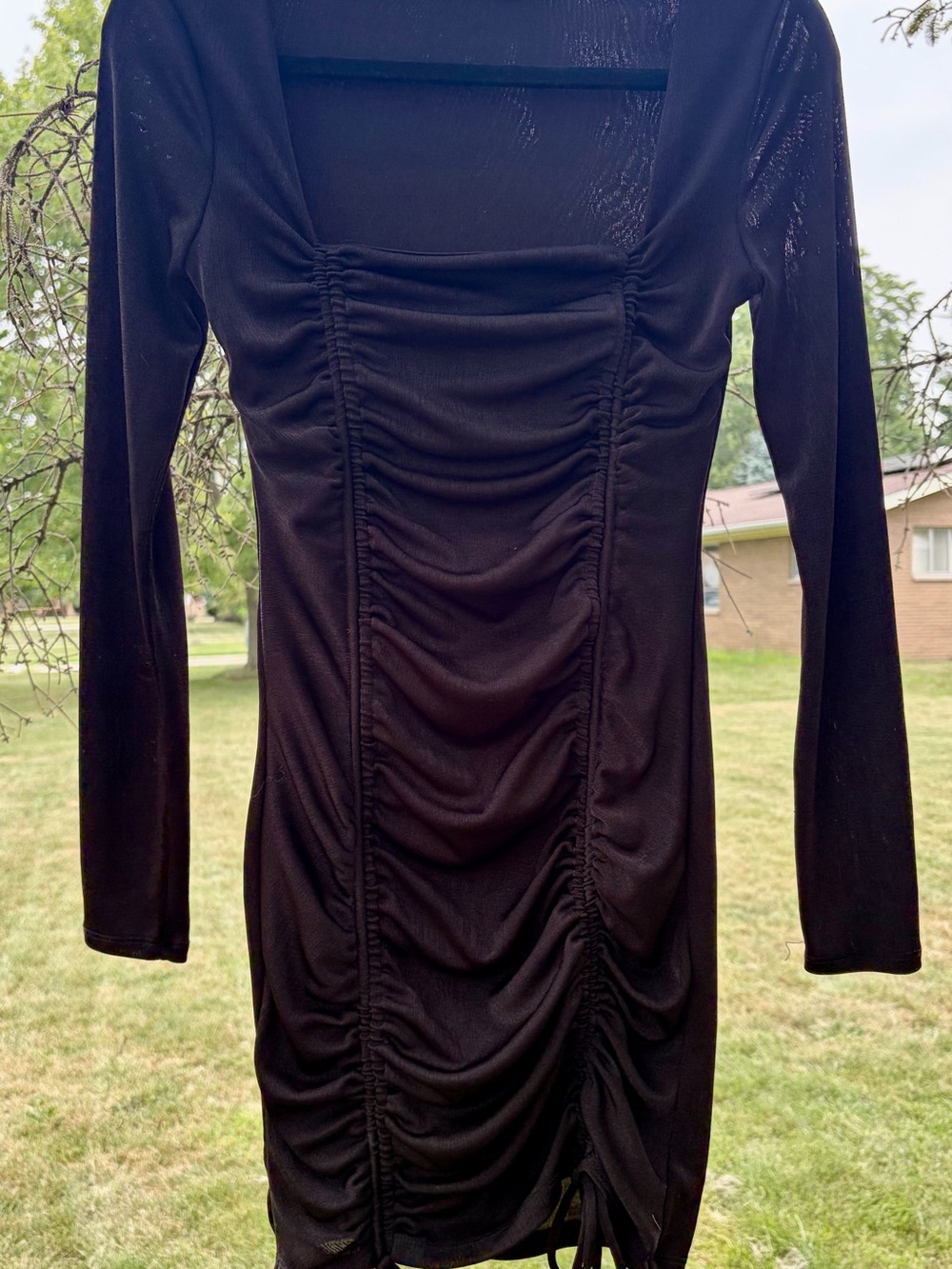 Long-Sleeve Black Ruched Bodycon Dress - Women's